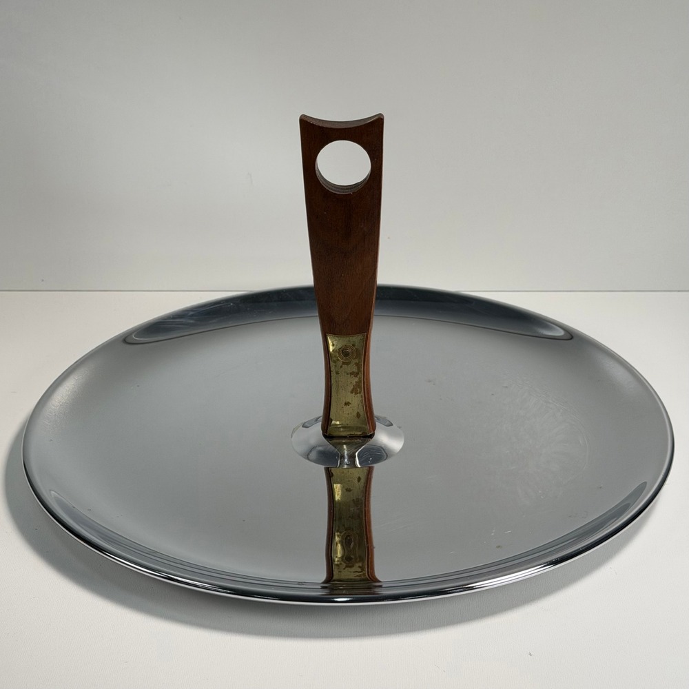 Vintage Kromex Serving Dish Tray MCM Cosmic Wood Brass Chrome Silver Dinnerware